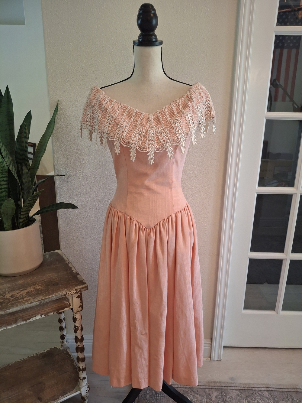 Vintage Peach Off-Shoulder Midi Dress with Lace Yoke